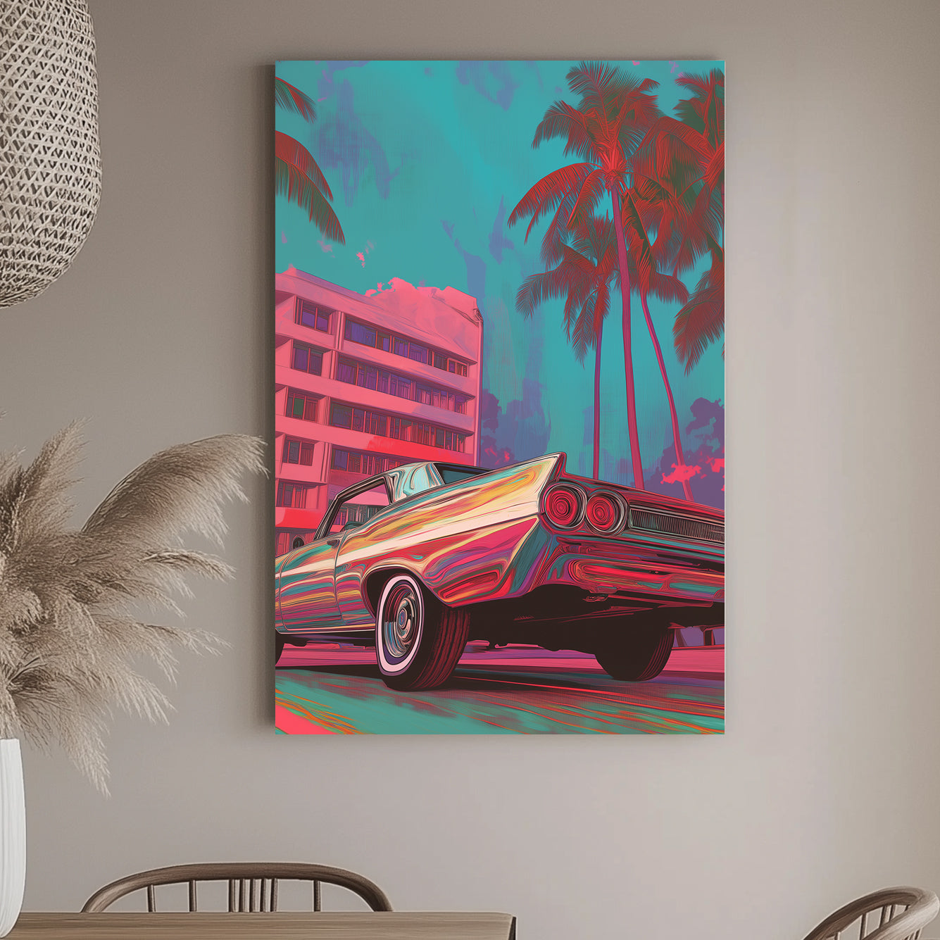 A retro-styled classic car in vivid neon hues parked under palm trees with pastel Miami architecture in the background. Bold and vibrant cityscape art with vintage vibes.