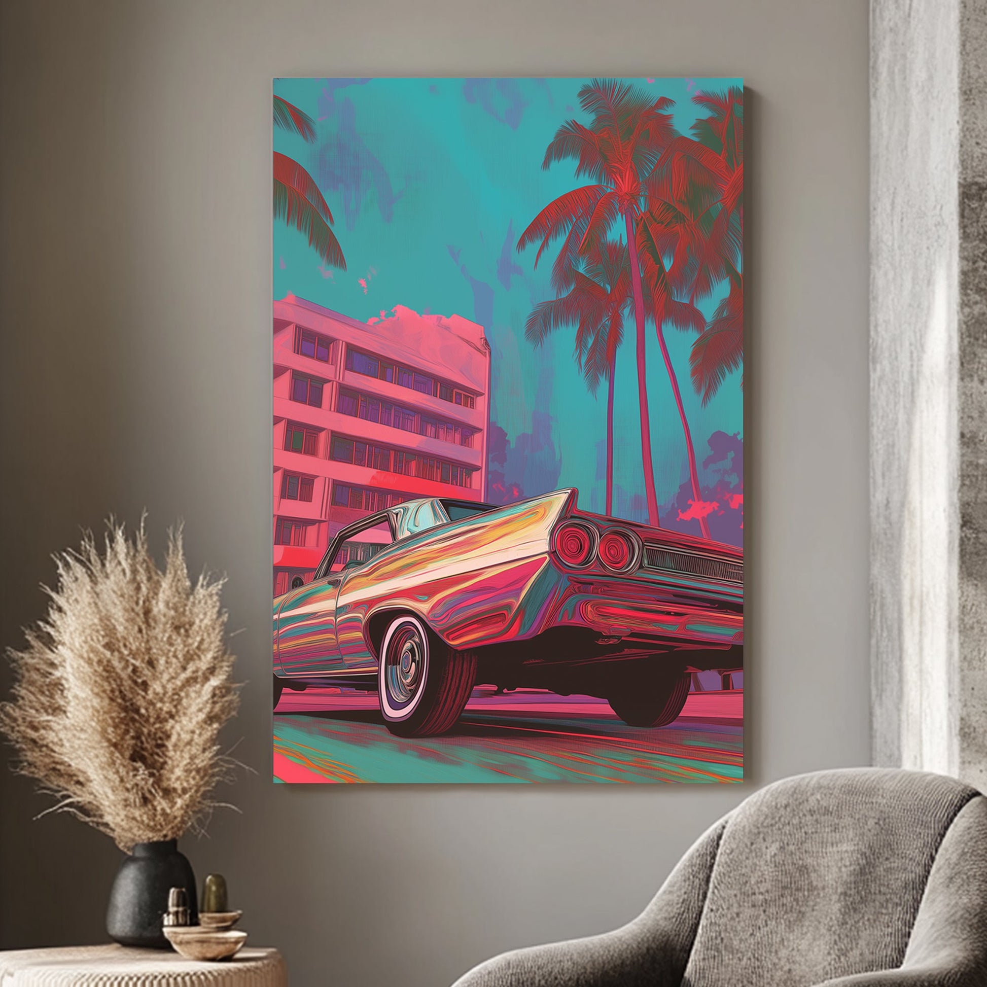 A retro-styled classic car in vivid neon hues parked under palm trees with pastel Miami architecture in the background. Bold and vibrant cityscape art with vintage vibes.