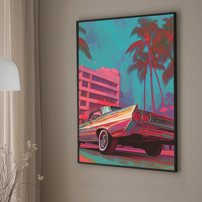 A retro-styled classic car in vivid neon hues parked under palm trees with pastel Miami architecture in the background. Bold and vibrant cityscape art with vintage vibes.