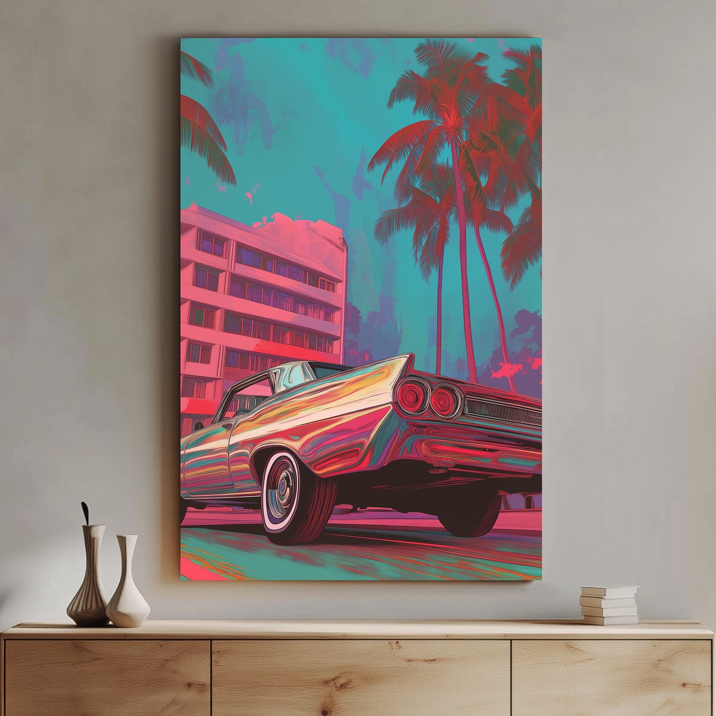 A retro-styled classic car in vivid neon hues parked under palm trees with pastel Miami architecture in the background. Bold and vibrant cityscape art with vintage vibes.