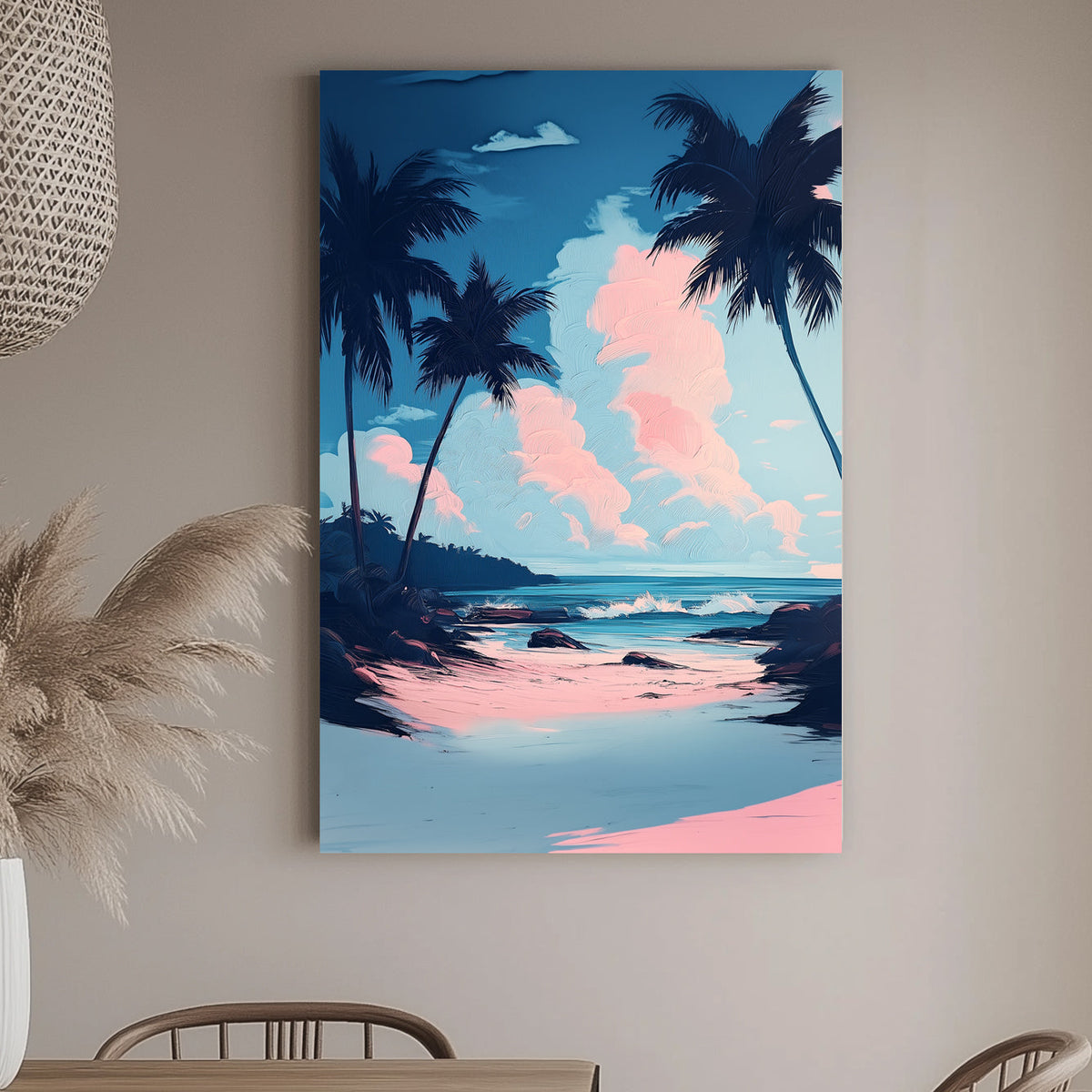 A dreamy coastal wall art print with soft pink clouds, blue skies, and a serene ocean framed by silhouettes of palm trees. A tranquil and tropical modern art piece.