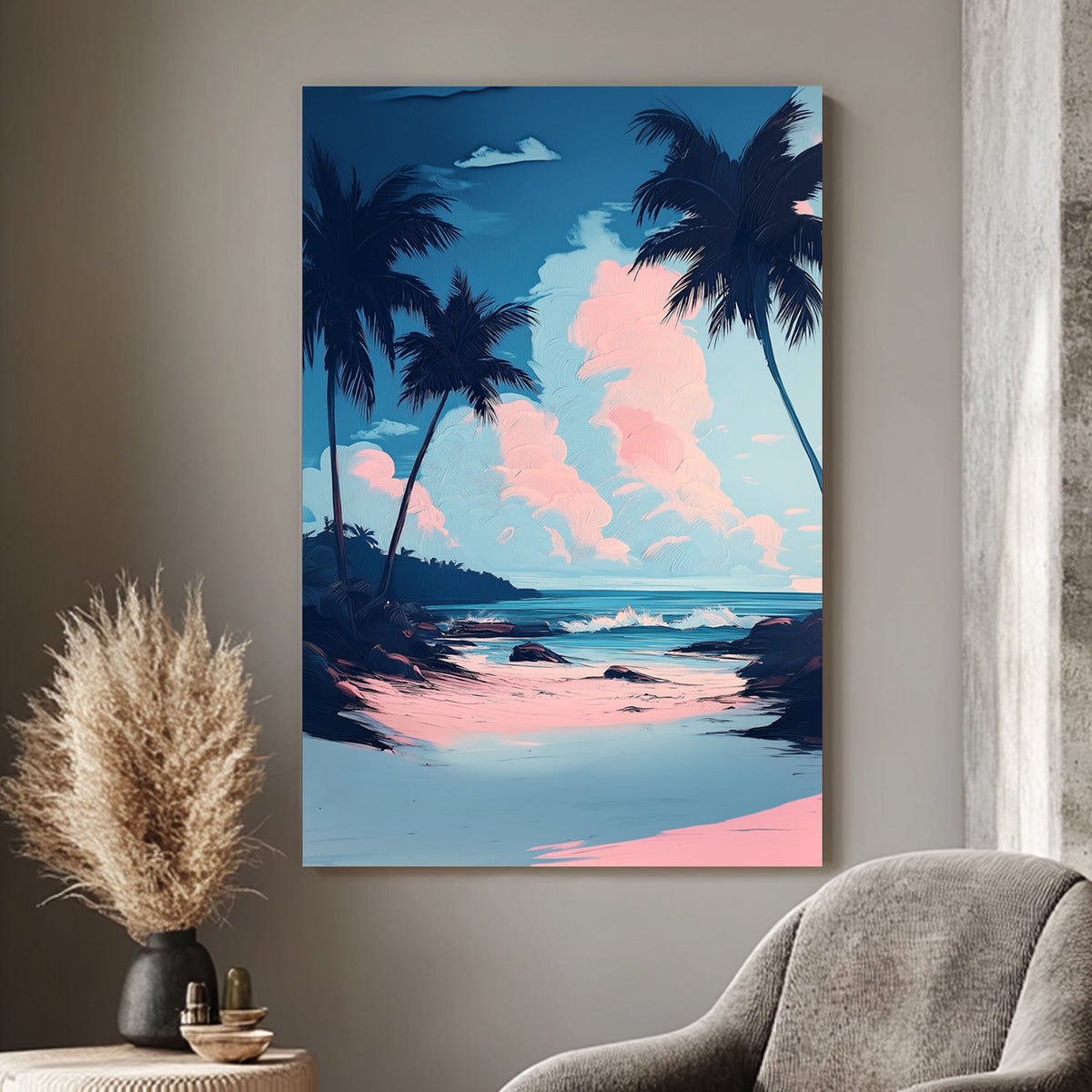 A dreamy coastal wall art print with soft pink clouds, blue skies, and a serene ocean framed by silhouettes of palm trees. A tranquil and tropical modern art piece.
