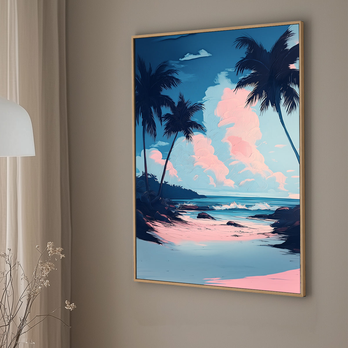 A dreamy coastal wall art print with soft pink clouds, blue skies, and a serene ocean framed by silhouettes of palm trees. A tranquil and tropical modern art piece.