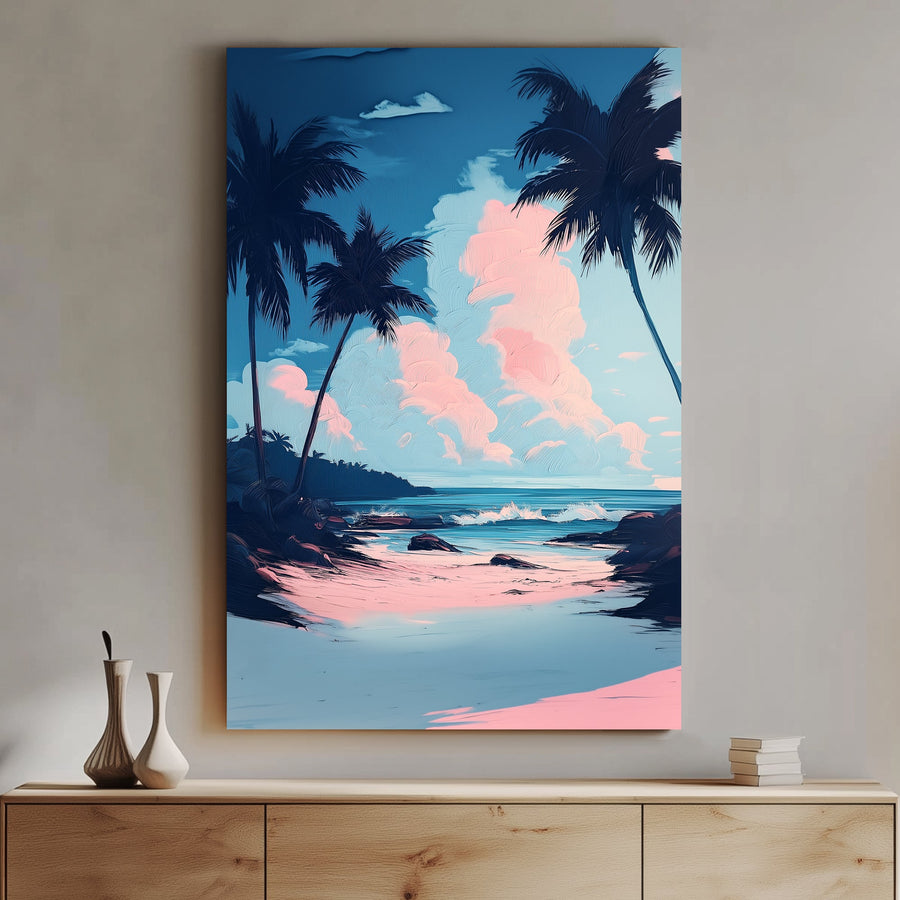A dreamy coastal wall art print with soft pink clouds, blue skies, and a serene ocean framed by silhouettes of palm trees. A tranquil and tropical modern art piece.