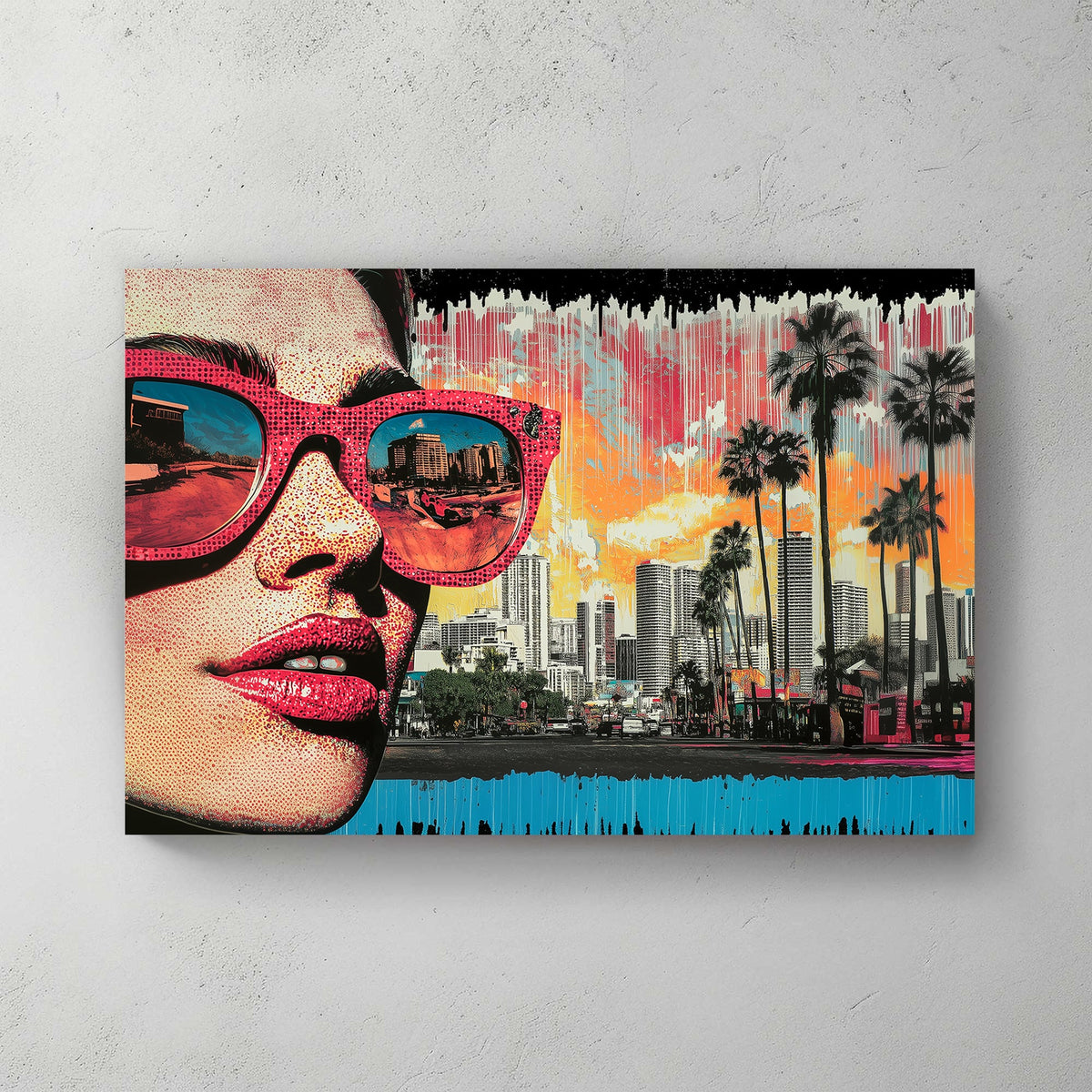 A vibrant pop art wall art print of a close-up woman’s face in dotted comic style, with sunglasses reflecting a city skyline and red car, against a neon sunset.