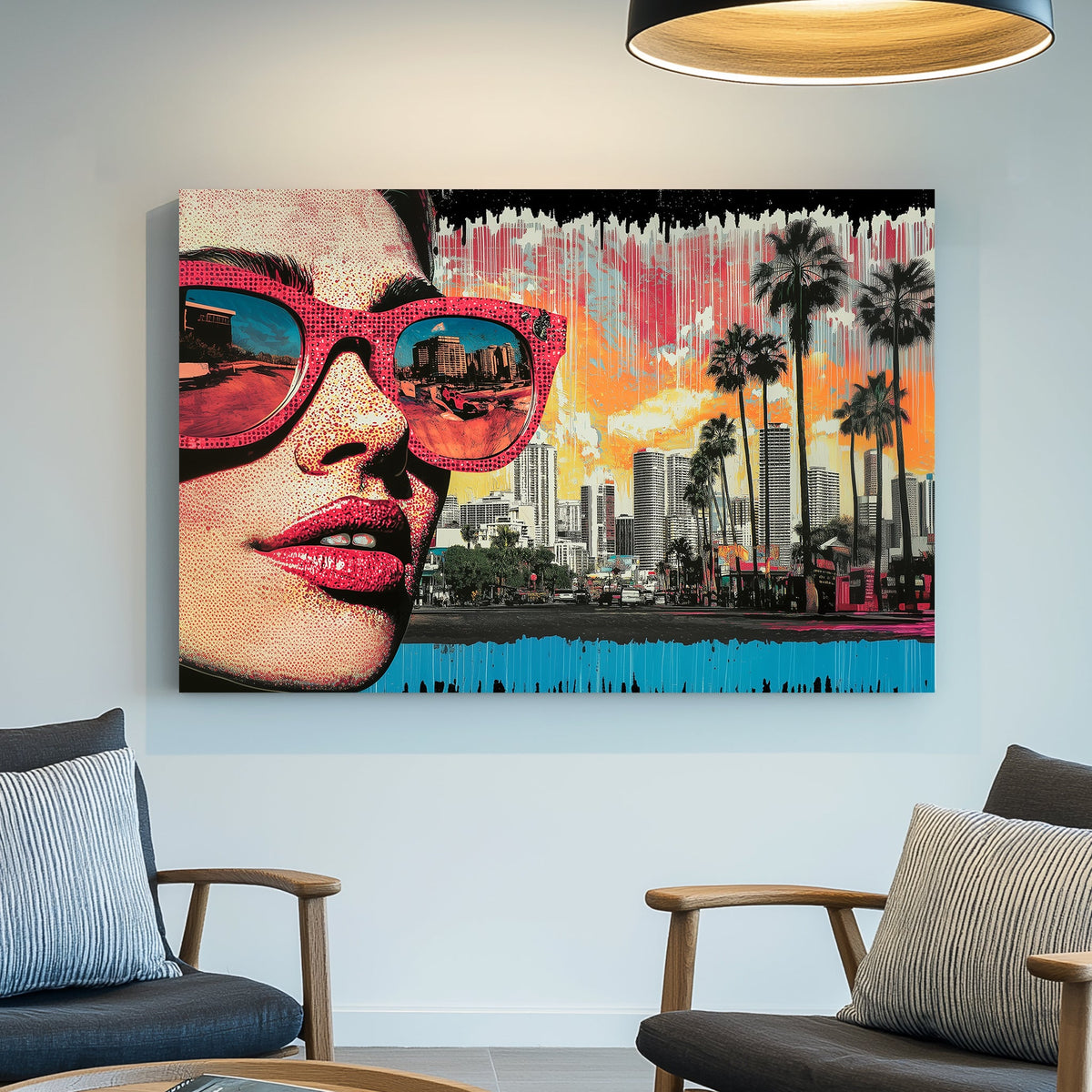 A vibrant pop art wall art print of a close-up woman’s face in dotted comic style, with sunglasses reflecting a city skyline and red car, against a neon sunset.
