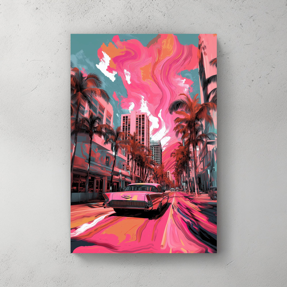 A pop art wall art print of a classic Cadillac on a Miami street with swirling pink and orange skies, palm trees, and urban buildings in the background.