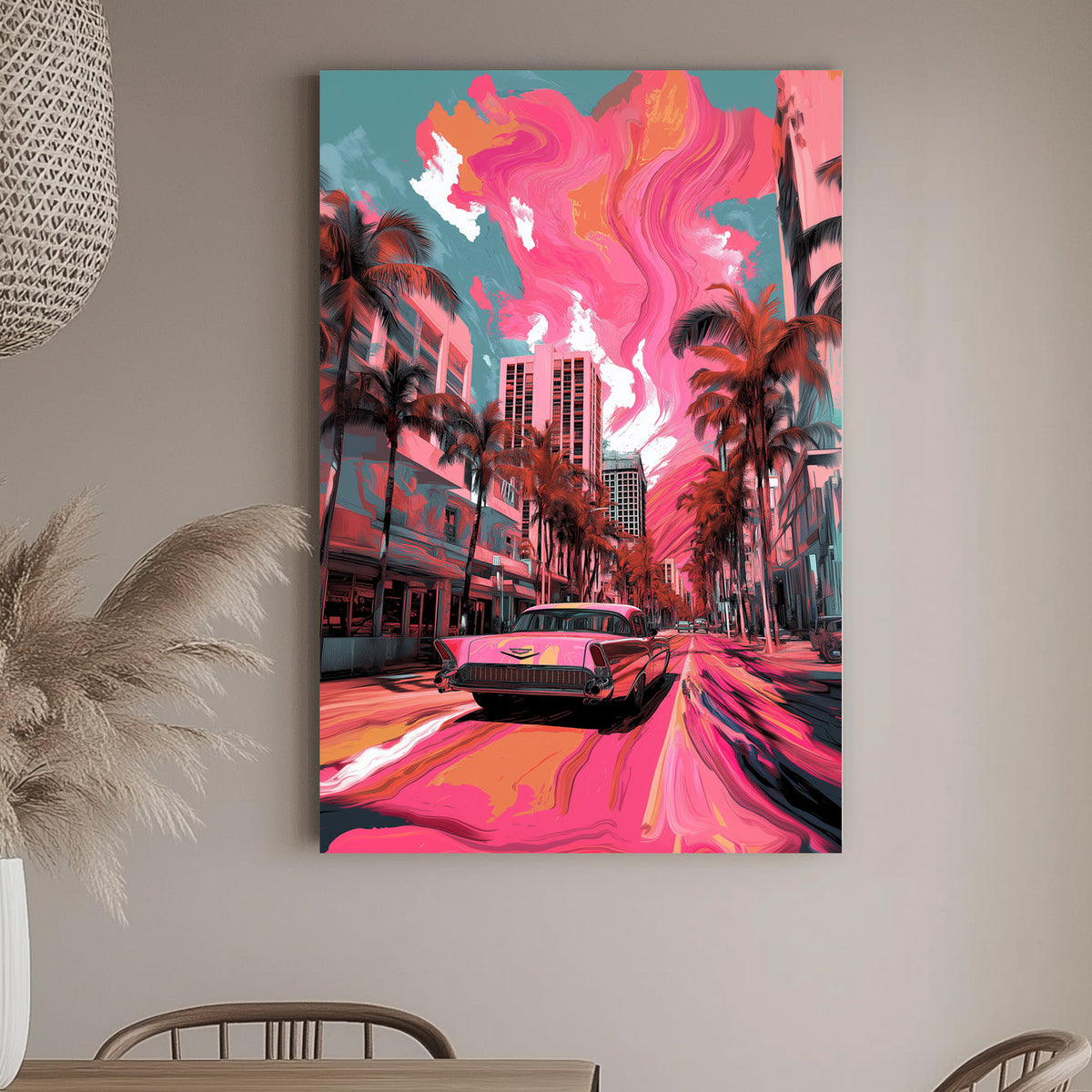 A pop art wall art print of a classic Cadillac on a Miami street with swirling pink and orange skies, palm trees, and urban buildings in the background.