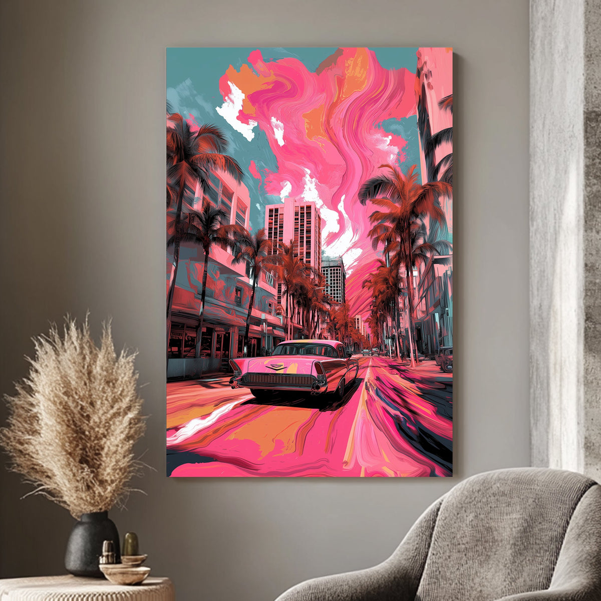 A pop art wall art print of a classic Cadillac on a Miami street with swirling pink and orange skies, palm trees, and urban buildings in the background.