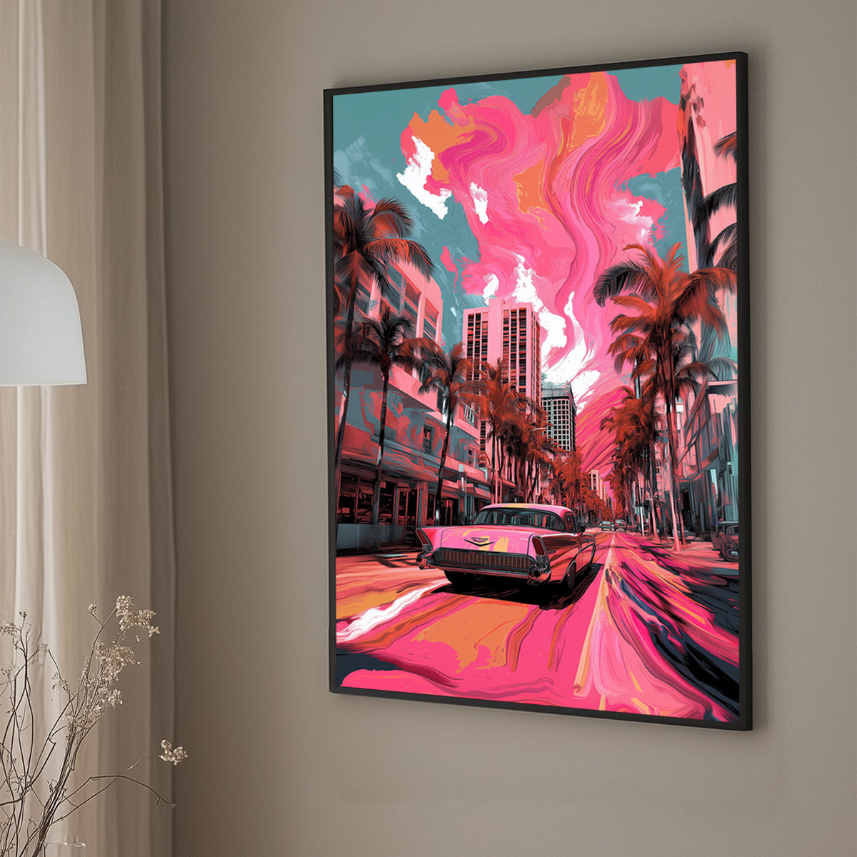 A pop art wall art print of a classic Cadillac on a Miami street with swirling pink and orange skies, palm trees, and urban buildings in the background.