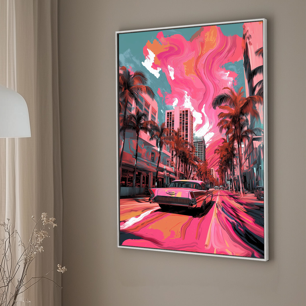 A pop art wall art print of a classic Cadillac on a Miami street with swirling pink and orange skies, palm trees, and urban buildings in the background.