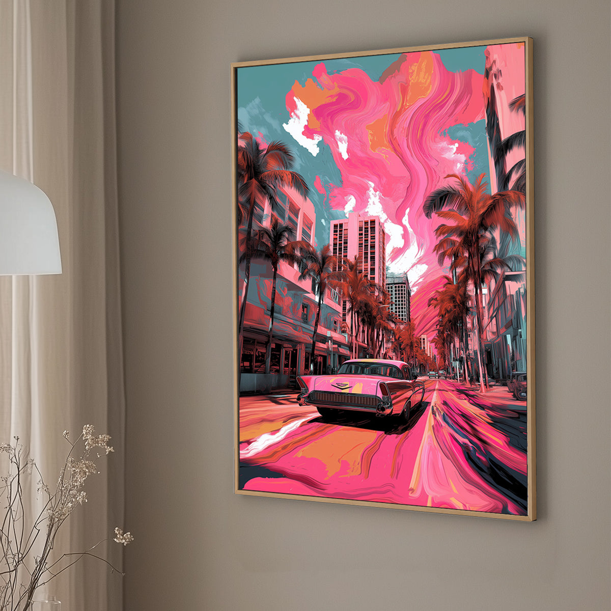 A pop art wall art print of a classic Cadillac on a Miami street with swirling pink and orange skies, palm trees, and urban buildings in the background.