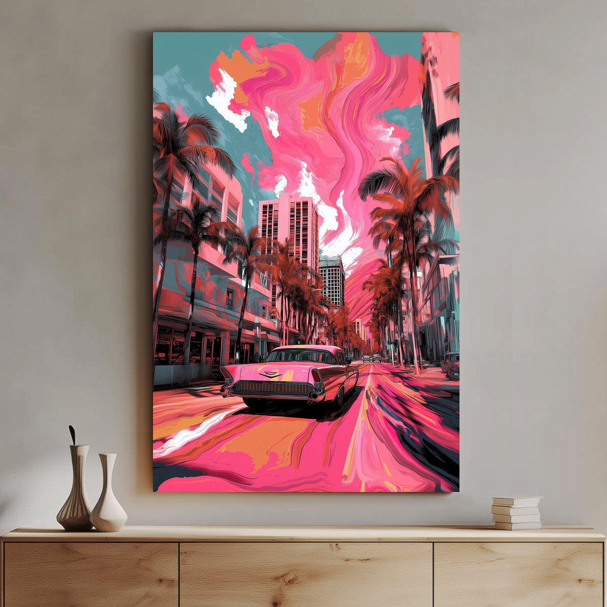 A pop art wall art print of a classic Cadillac on a Miami street with swirling pink and orange skies, palm trees, and urban buildings in the background.
