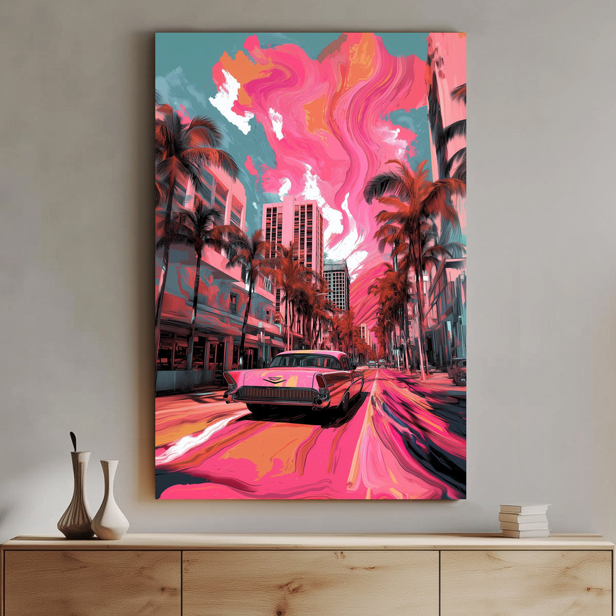 A pop art wall art print of a classic Cadillac on a Miami street with swirling pink and orange skies, palm trees, and urban buildings in the background.