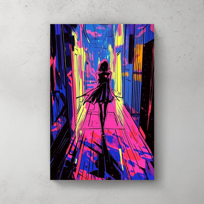 A neon-inspired wall art print of a figure walking down a corridor lit with vivid pink, blue, and yellow, creating a cyberpunk vibe with glowing abstract highlights.