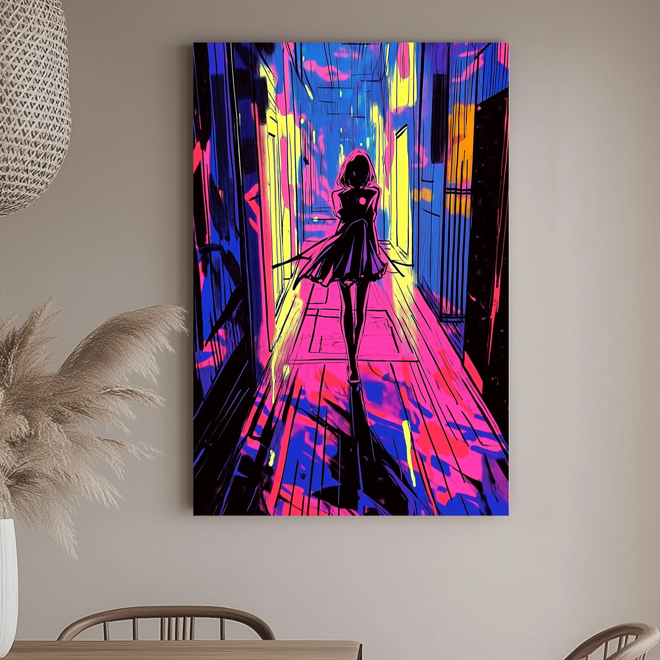 A neon-inspired wall art print of a figure walking down a corridor lit with vivid pink, blue, and yellow, creating a cyberpunk vibe with glowing abstract highlights.