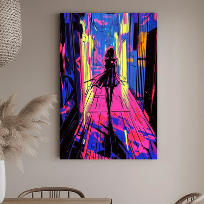 A neon-inspired wall art print of a figure walking down a corridor lit with vivid pink, blue, and yellow, creating a cyberpunk vibe with glowing abstract highlights.