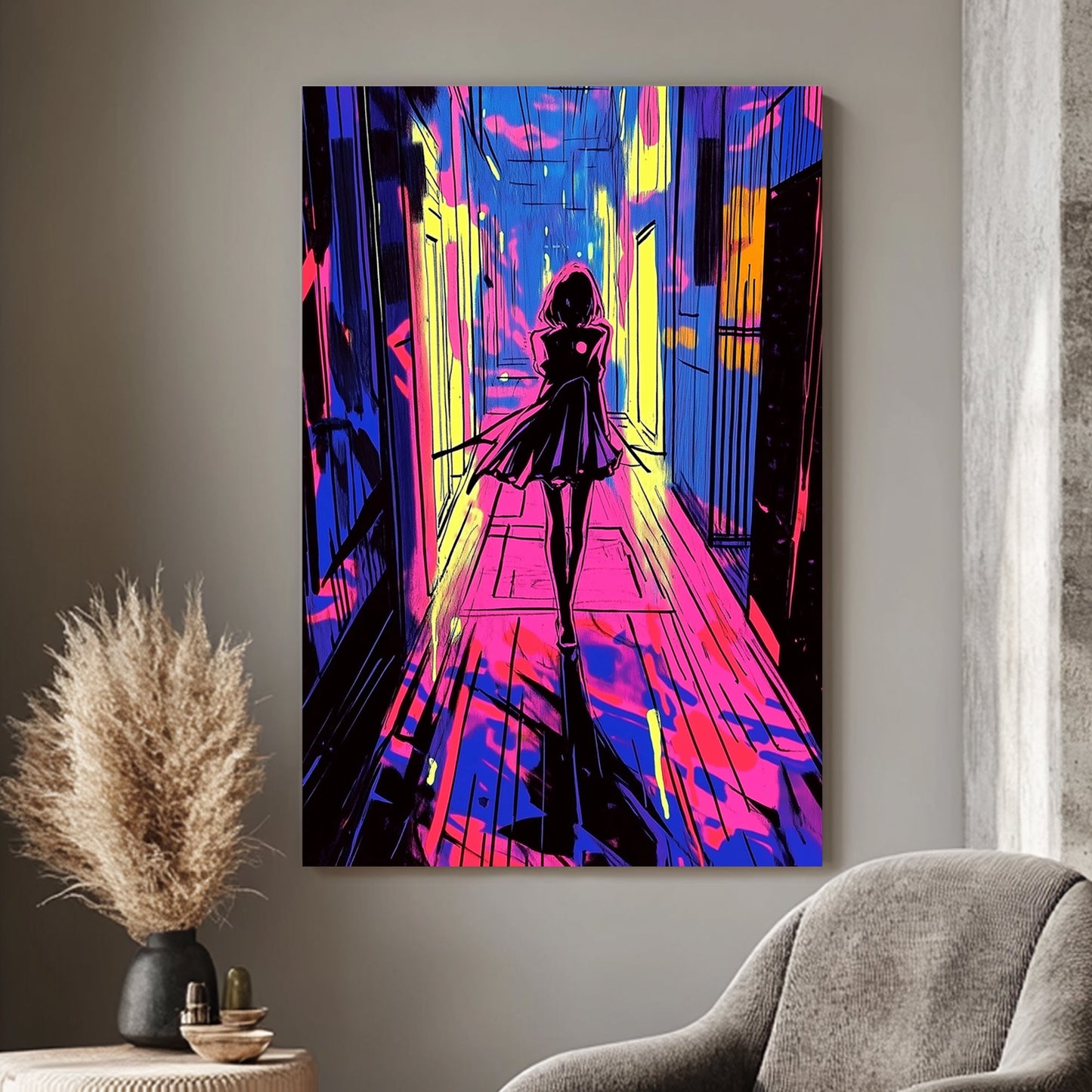 A neon-inspired wall art print of a figure walking down a corridor lit with vivid pink, blue, and yellow, creating a cyberpunk vibe with glowing abstract highlights.