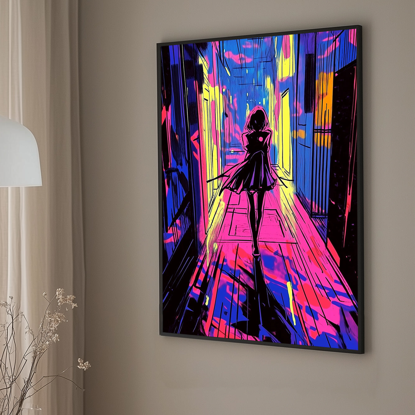 A neon-inspired wall art print of a figure walking down a corridor lit with vivid pink, blue, and yellow, creating a cyberpunk vibe with glowing abstract highlights.