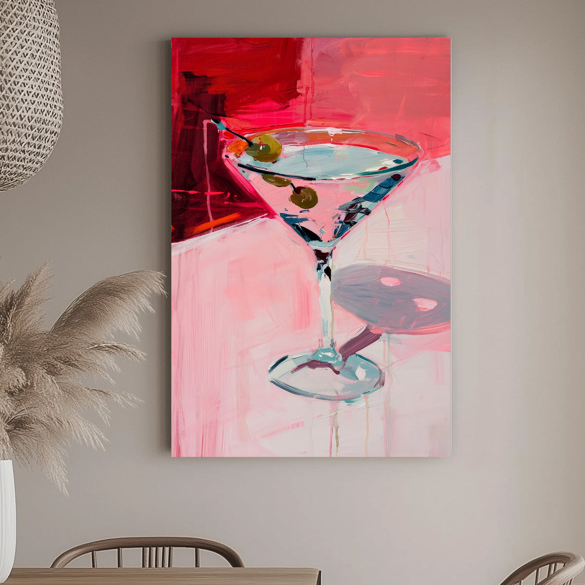 Modern wall art print of a martini glass with olives, set against a dynamic crimson and pink background with expressive brushwork, ideal for contemporary décor.