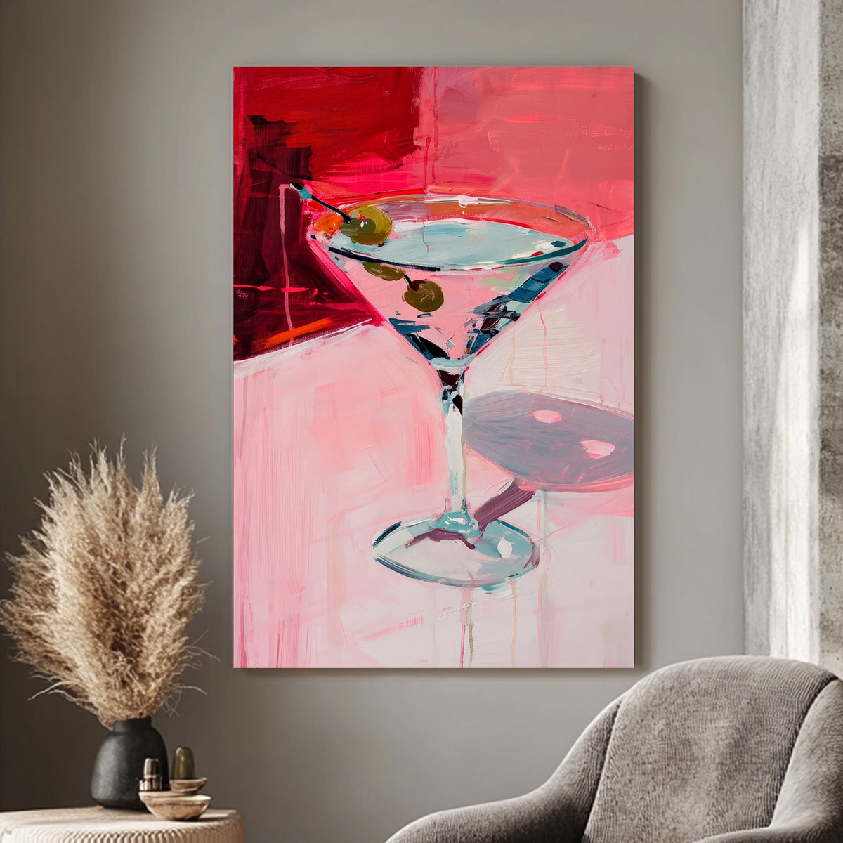 Modern wall art print of a martini glass with olives, set against a dynamic crimson and pink background with expressive brushwork, ideal for contemporary décor.
