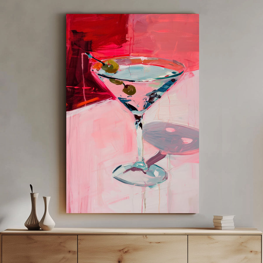 Modern wall art print of a martini glass with olives, set against a dynamic crimson and pink background with expressive brushwork, ideal for contemporary décor.