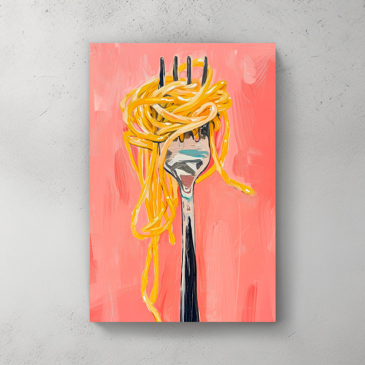 Modern wall art print of a fork holding golden spaghetti, painted with expressive brushstrokes and set against a bold pink backdrop, perfect for kitchen or dining room décor.