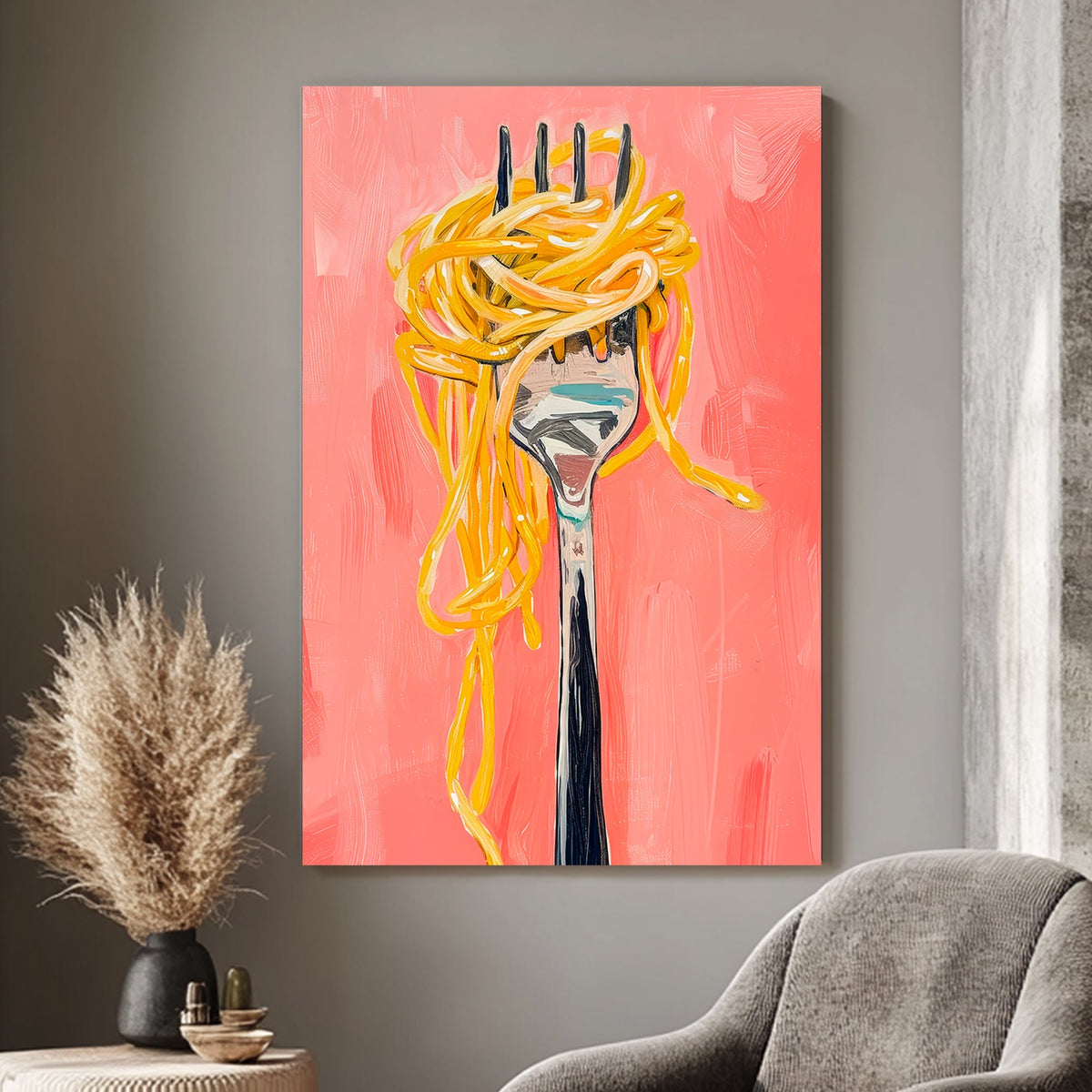 Modern wall art print of a fork holding golden spaghetti, painted with expressive brushstrokes and set against a bold pink backdrop, perfect for kitchen or dining room décor.