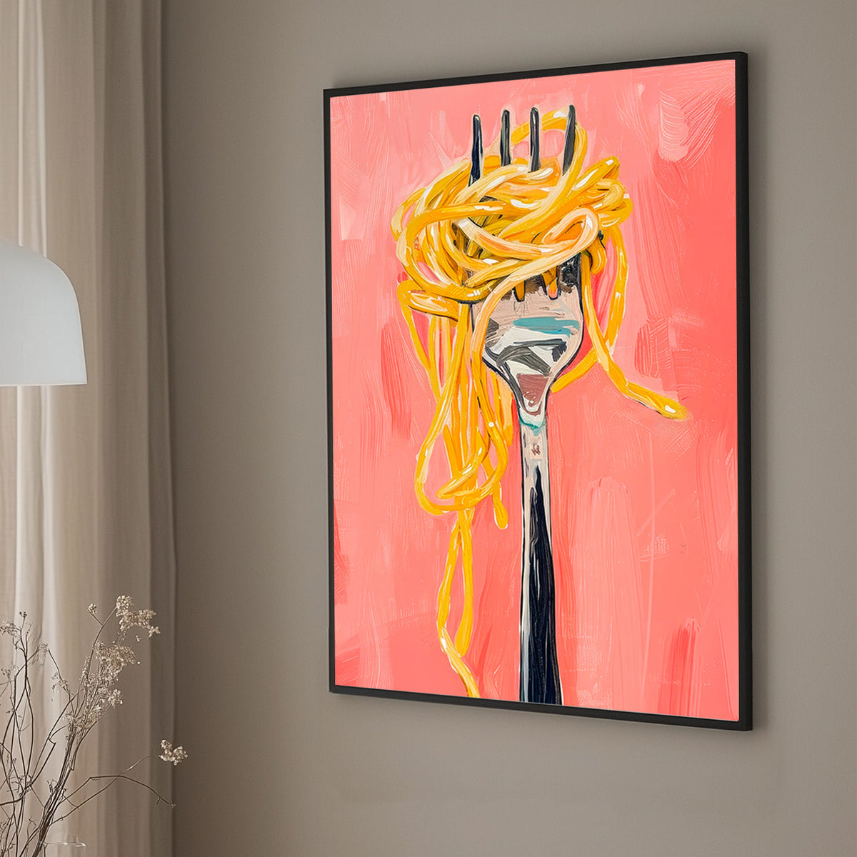 Modern wall art print of a fork holding golden spaghetti, painted with expressive brushstrokes and set against a bold pink backdrop, perfect for kitchen or dining room décor.