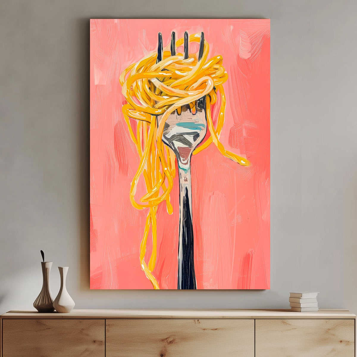 Modern wall art print of a fork holding golden spaghetti, painted with expressive brushstrokes and set against a bold pink backdrop, perfect for kitchen or dining room décor.