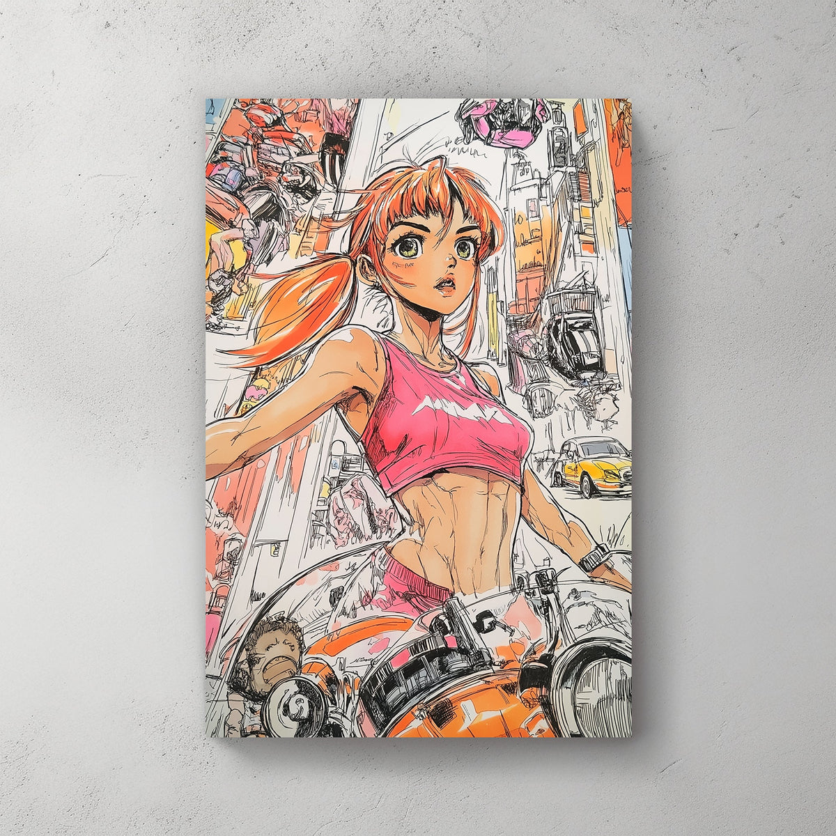 Anime-inspired wall art print of a young female rider in a vibrant cityscape, featuring an orange motorcycle and dynamic sketch lines for a lively, urban aesthetic.