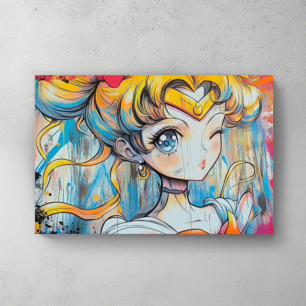 Graffiti-style Sailor Moon wall art print with neon colours and bold splashes, blending Japanese anime aesthetics with urban street art.