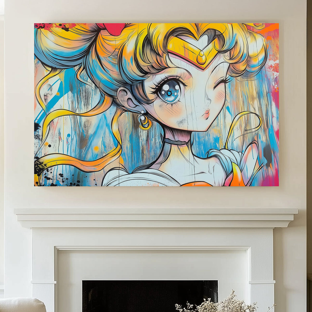 Graffiti-style Sailor Moon wall art print with neon colours and bold splashes, blending Japanese anime aesthetics with urban street art.