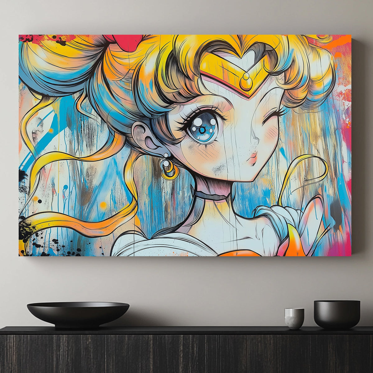 Graffiti-style Sailor Moon wall art print with neon colours and bold splashes, blending Japanese anime aesthetics with urban street art.