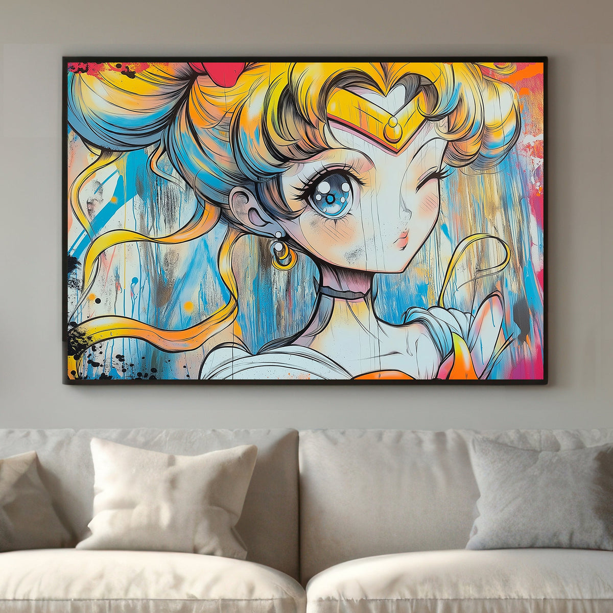 Graffiti-style Sailor Moon wall art print with neon colours and bold splashes, blending Japanese anime aesthetics with urban street art.