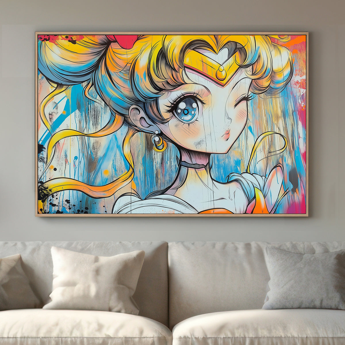 Graffiti-style Sailor Moon wall art print with neon colours and bold splashes, blending Japanese anime aesthetics with urban street art.