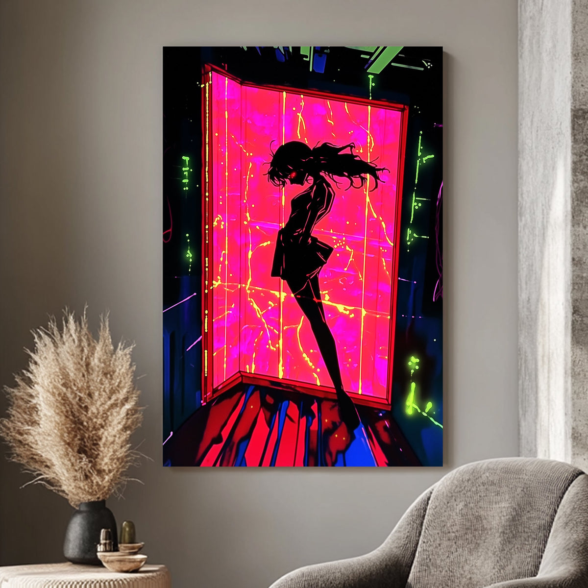 Anime-inspired neon shadow silhouette wall art with vivid pink and neon green tones, ideal for modern and gaming-themed spaces.