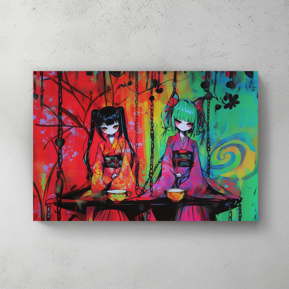 Anime-inspired wall art print featuring two characters in neon kimonos with bold, vibrant colours and intricate details, ideal for modern and Japanese-inspired spaces.