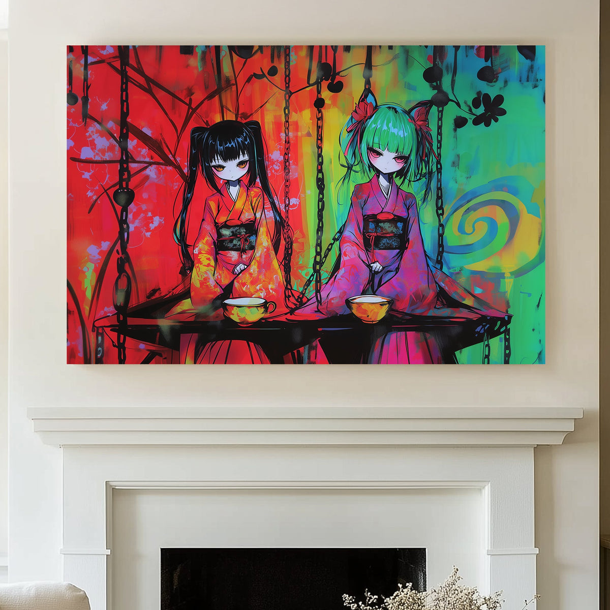 Anime-inspired wall art print featuring two characters in neon kimonos with bold, vibrant colours and intricate details, ideal for modern and Japanese-inspired spaces.