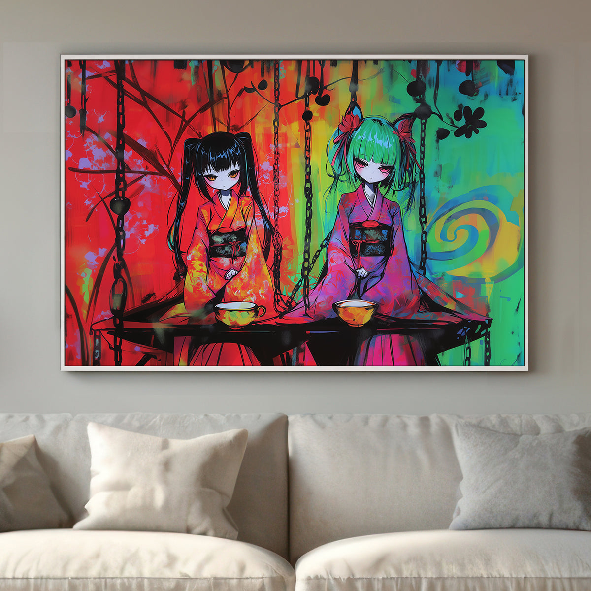 Anime-inspired wall art print featuring two characters in neon kimonos with bold, vibrant colours and intricate details, ideal for modern and Japanese-inspired spaces.