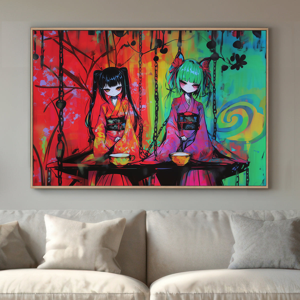 Anime-inspired wall art print featuring two characters in neon kimonos with bold, vibrant colours and intricate details, ideal for modern and Japanese-inspired spaces.