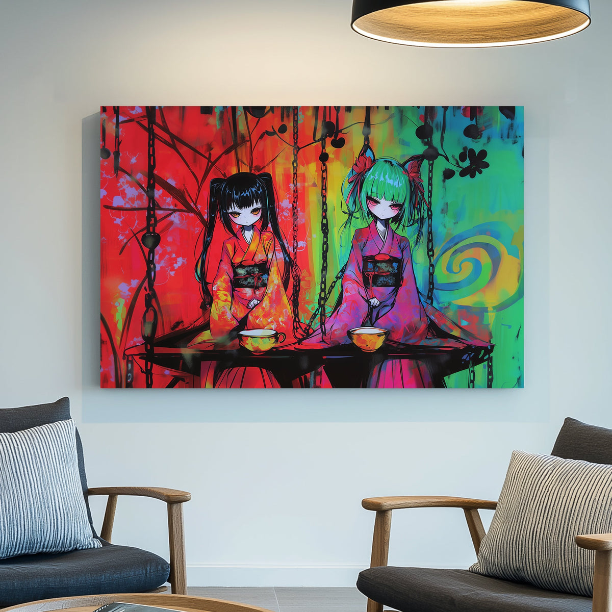 Anime-inspired wall art print featuring two characters in neon kimonos with bold, vibrant colours and intricate details, ideal for modern and Japanese-inspired spaces.