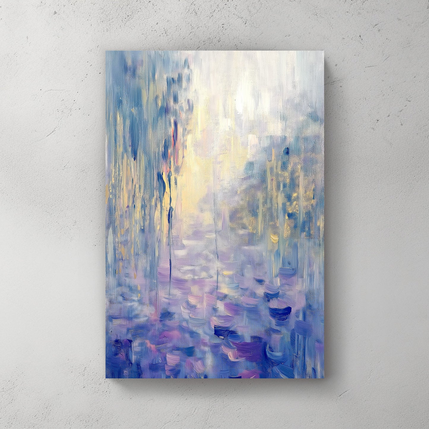 Impressionist-style wall art print with soft blues, purples, and golds, evoking tranquil water lilies and reflections for a serene and elegant touch to any room.