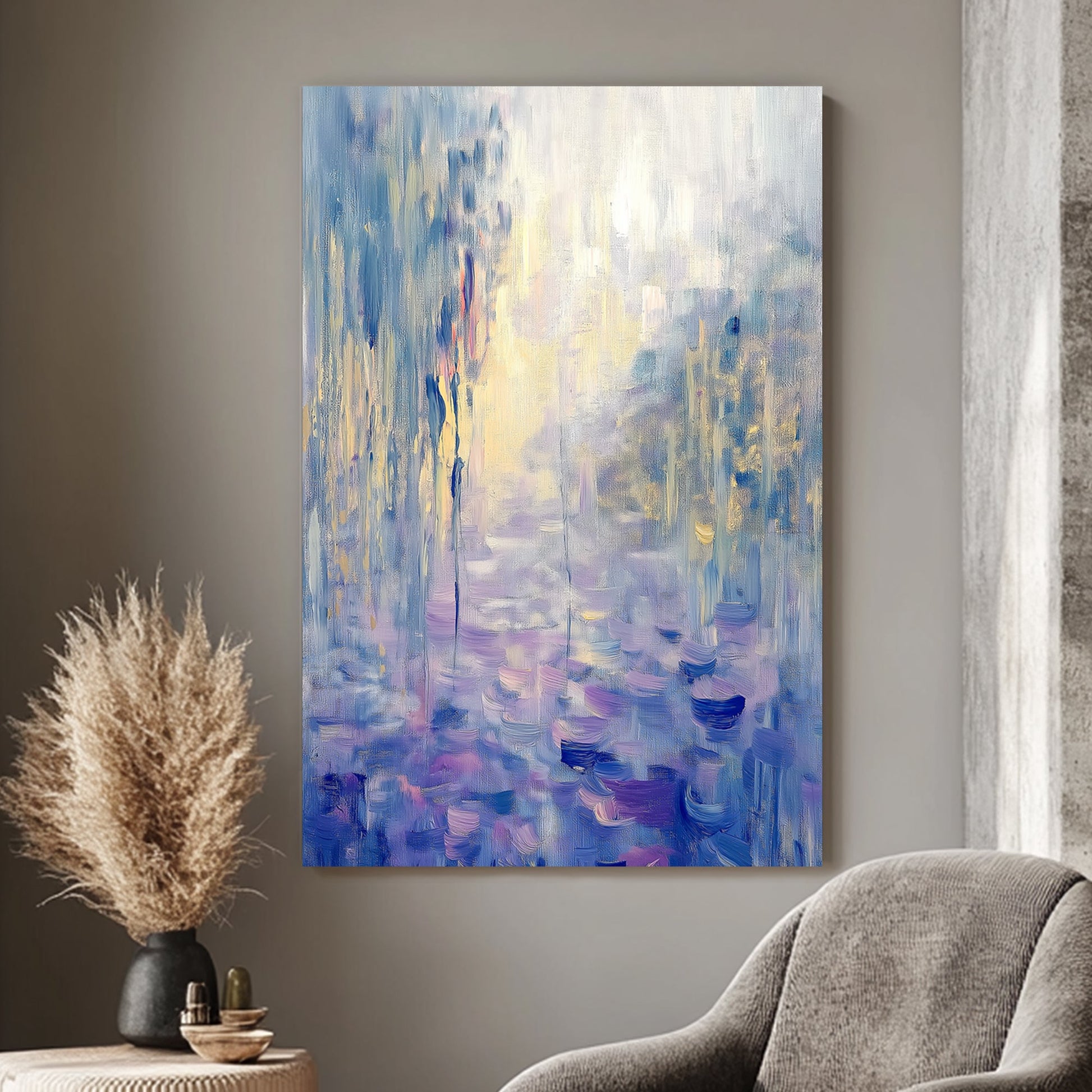 Impressionist-style wall art print with soft blues, purples, and golds, evoking tranquil water lilies and reflections for a serene and elegant touch to any room.