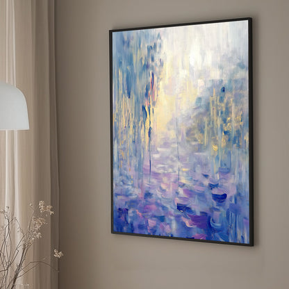 Impressionist-style wall art print with soft blues, purples, and golds, evoking tranquil water lilies and reflections for a serene and elegant touch to any room.