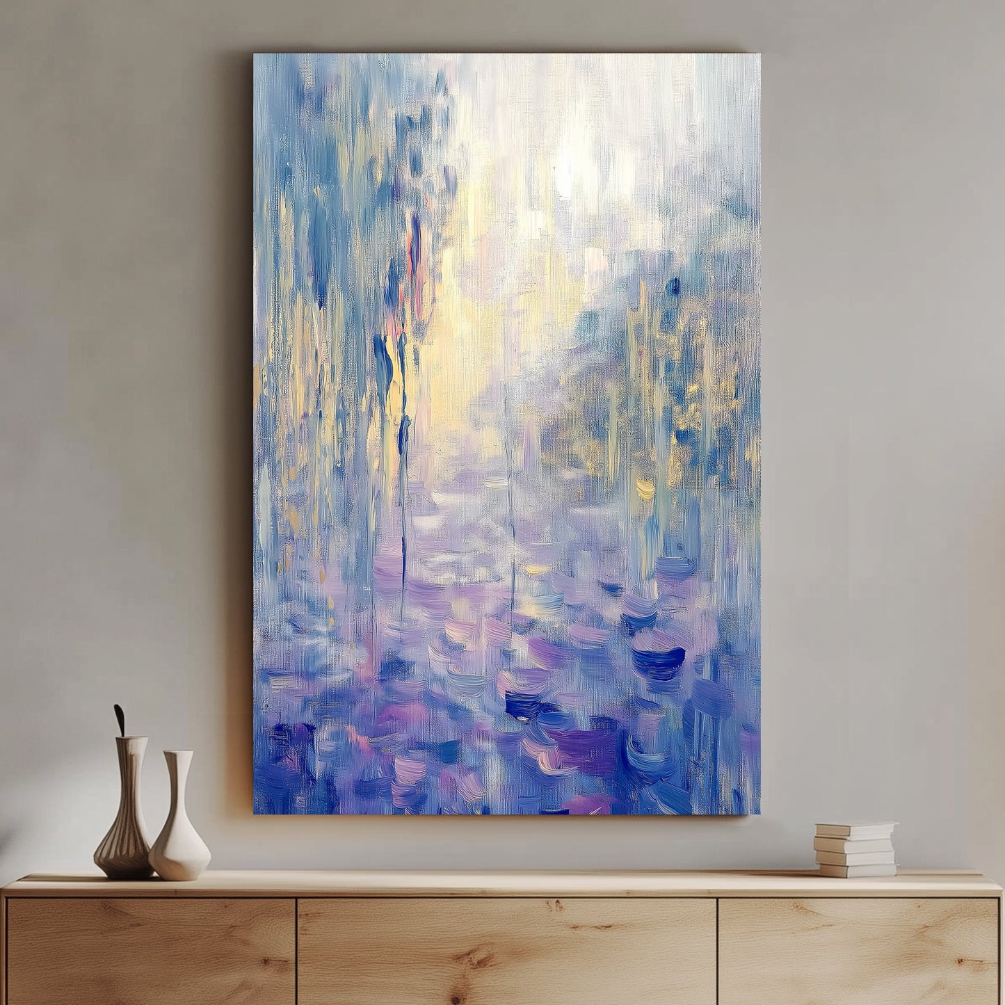 Impressionist-style wall art print with soft blues, purples, and golds, evoking tranquil water lilies and reflections for a serene and elegant touch to any room.