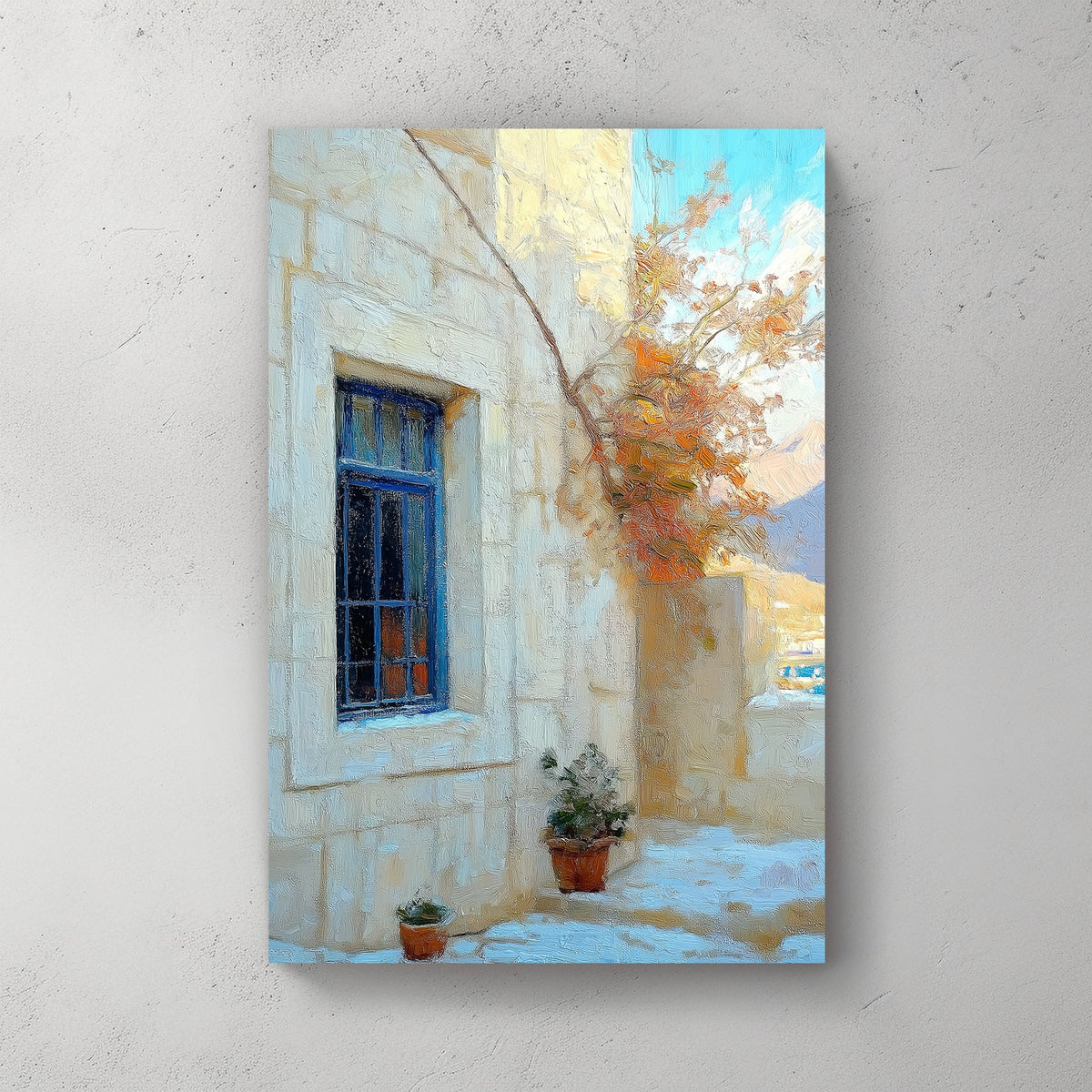Mediterranean courtyard scene with a blue window, terracotta pots, and sunlit stone walls painted in an impressionist style.