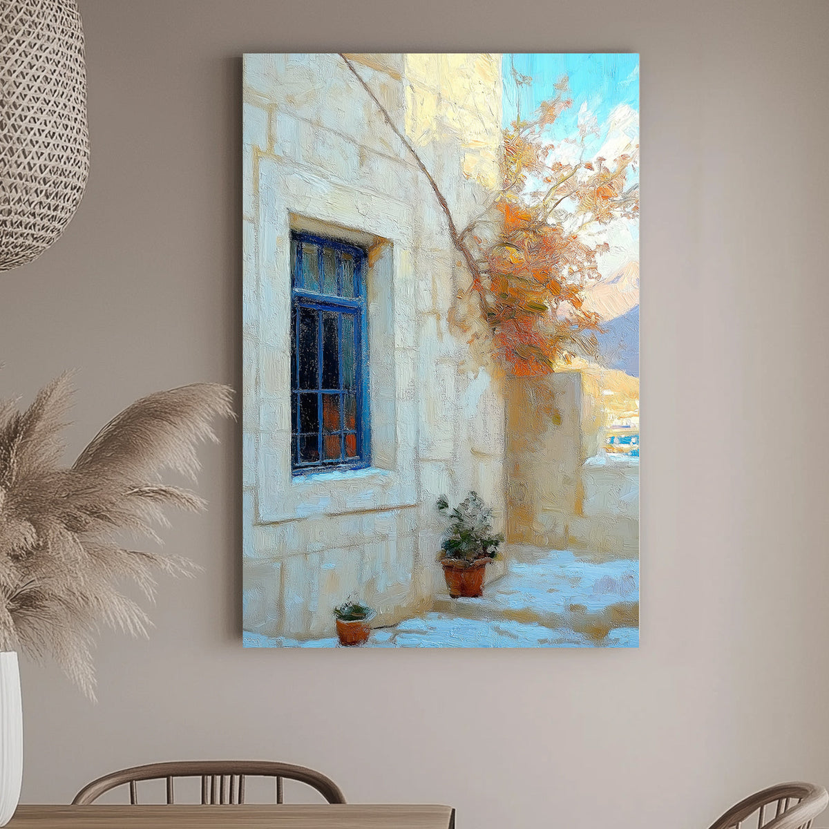 Mediterranean courtyard scene with a blue window, terracotta pots, and sunlit stone walls painted in an impressionist style.