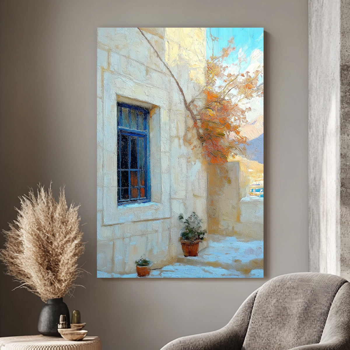 Mediterranean courtyard scene with a blue window, terracotta pots, and sunlit stone walls painted in an impressionist style.