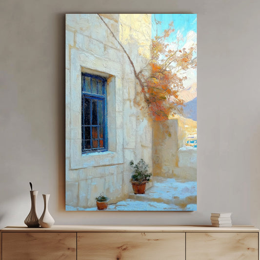 Mediterranean courtyard scene with a blue window, terracotta pots, and sunlit stone walls painted in an impressionist style.